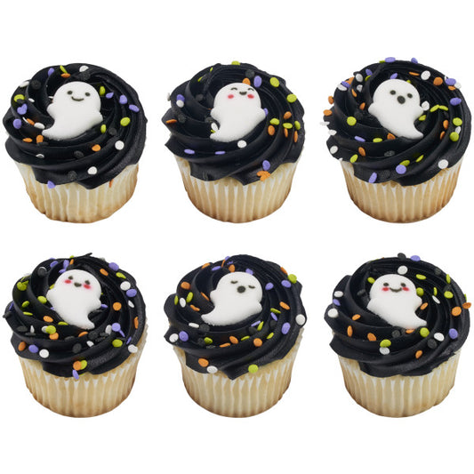 Halloween cupcakes with black frosting, colorful sprinkles, and ghost-shaped sugar decorations.