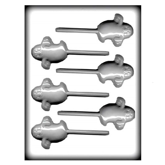A white hard candy mold for making ghost shaped suckers. There are six cavities in each of mold with a slot in each for a sucker stick. 