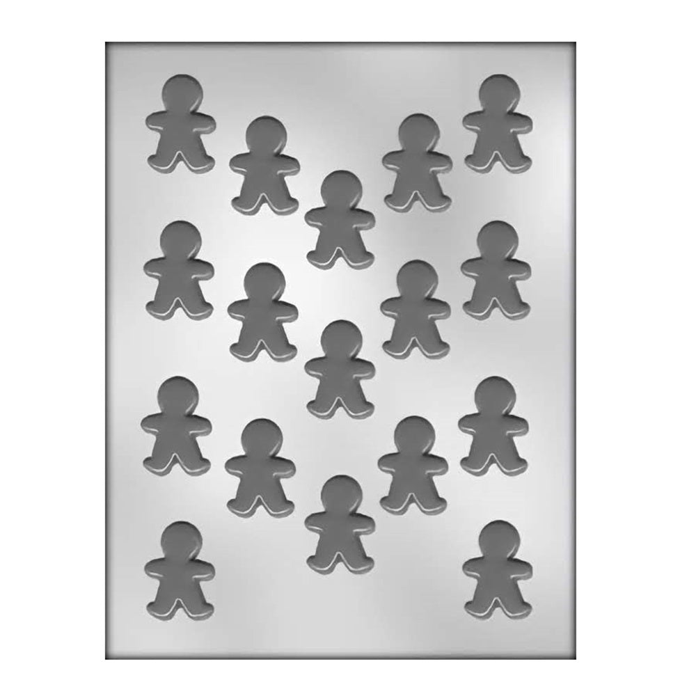Chocolate mold featuring multiple gingerbread boy-shaped cavities, arranged in neat rows on a rectangular frame. Each cavity is designed to create a classic gingerbread boy figure, complete with distinct arms, legs, and a smiling face, perfect for festive treats or fun baking activities with kids.