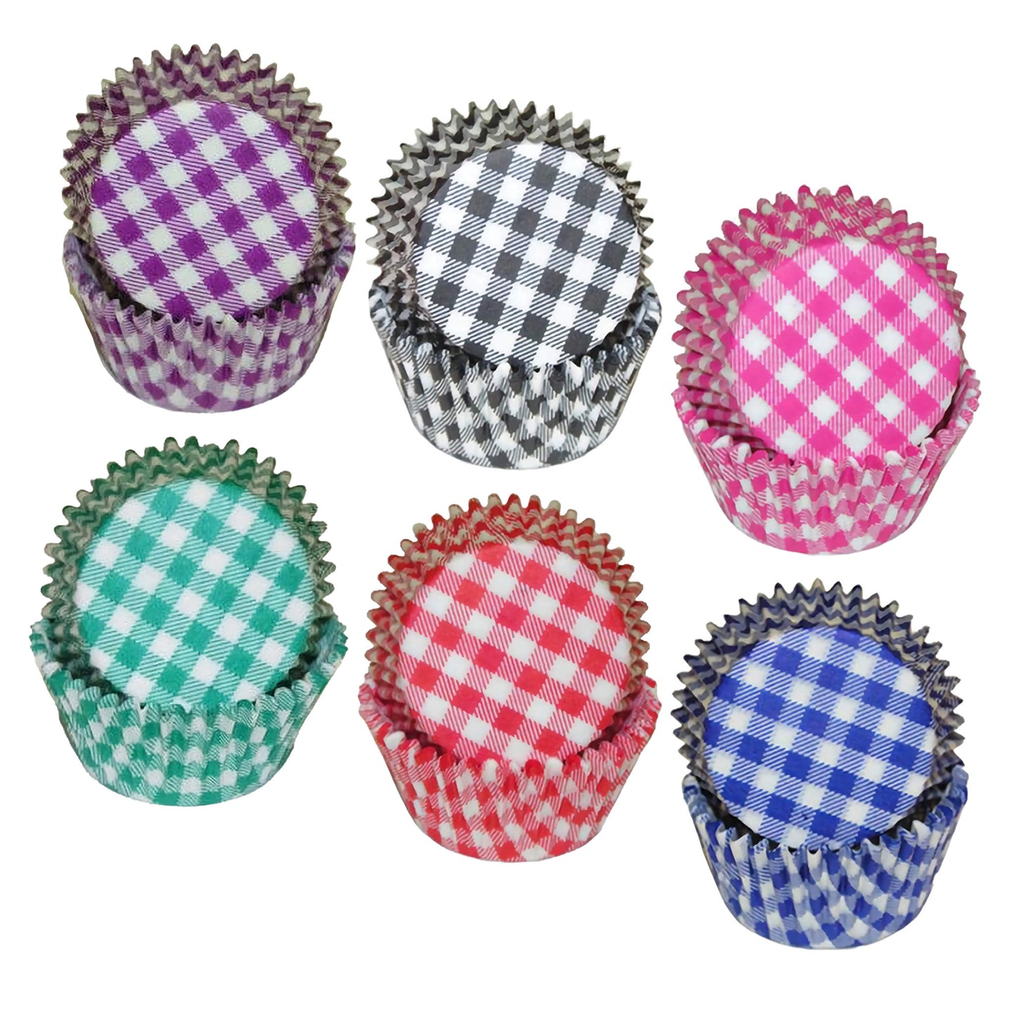 Assorted gingham cupcake liners in multiple colors (Black, Blue, Green, Hot Pink, Purple, Red), 36 count package, standard baking size with 2" base and 1¼" wall, perfect for adding a classic touch to any occasion.