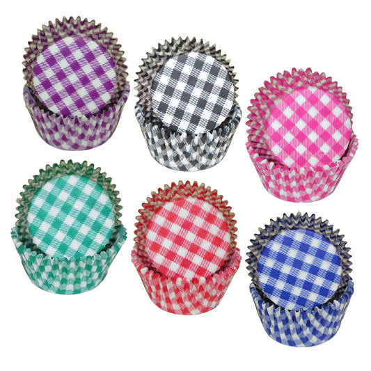 Assorted gingham cupcake liners in multiple colors (Black, Blue, Green, Hot Pink, Purple, Red), 36 count package, standard baking size with 2" base and 1¼" wall, perfect for adding a classic touch to any occasion.