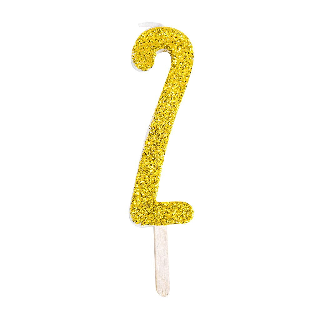Gold glitter number candle 2 adds sparkle to cakes. Mix and match for birthdays, anniversaries, and milestone moments with a glam finish.