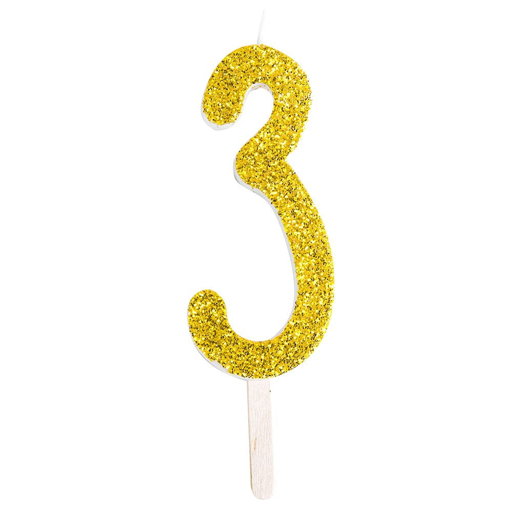 Gold glitter number candle 3 adds sparkle to cakes. Mix and match for birthdays, anniversaries, and milestone moments with a glam finish.
