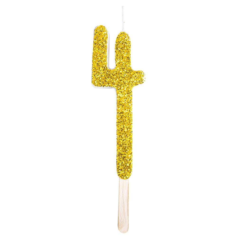 Gold glitter number candle 4 adds sparkle to cakes. Mix and match for birthdays, anniversaries, and milestone moments with a glam finish.