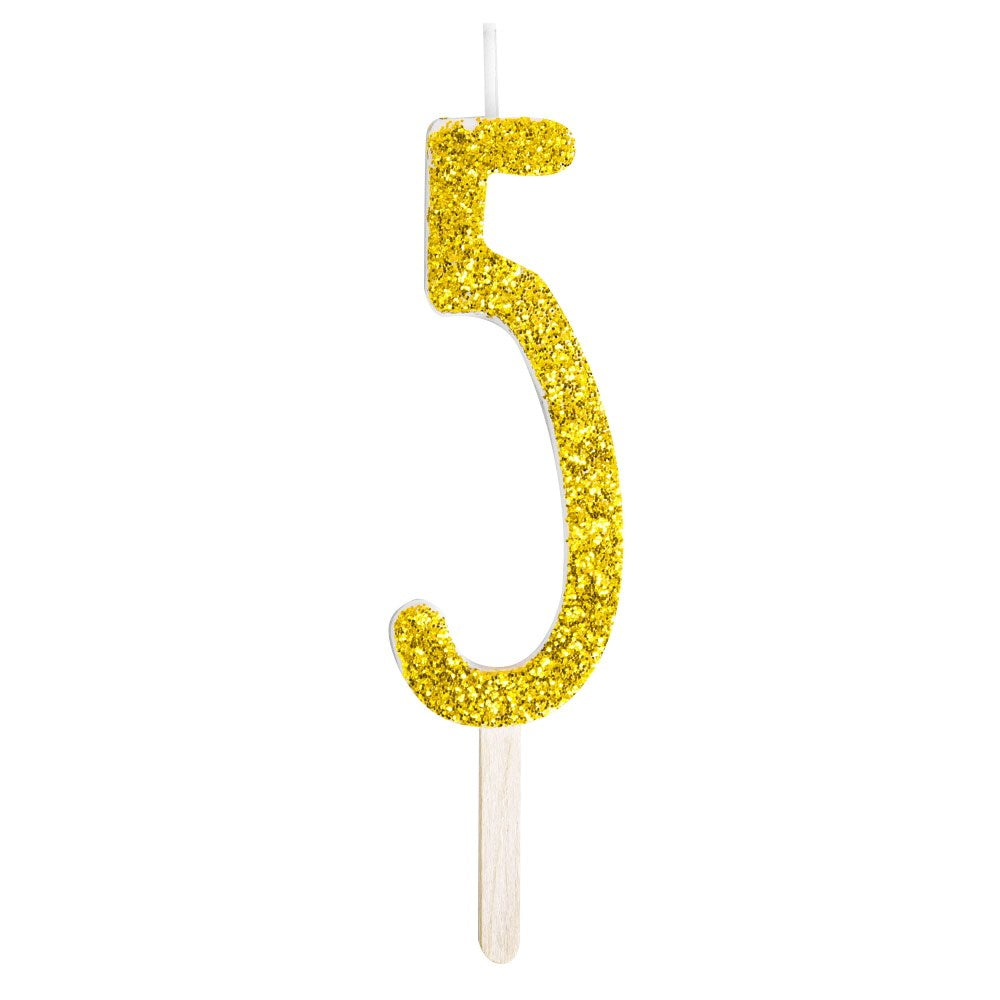 Gold glitter number candle 5 adds sparkle to cakes. Mix and match for birthdays, anniversaries, and milestone moments with a glam finish.