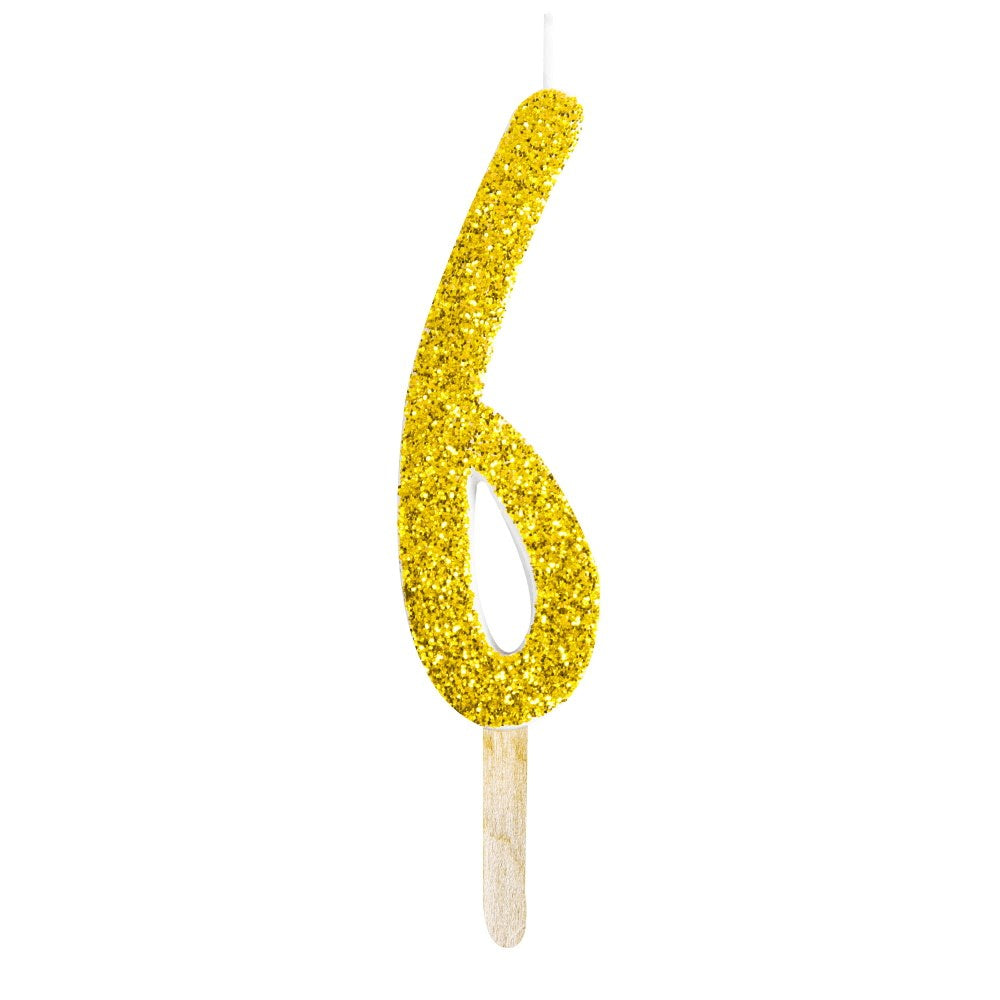 Gold glitter number candle 6 adds sparkle to cakes. Mix and match for birthdays, anniversaries, and milestone moments with a glam finish.