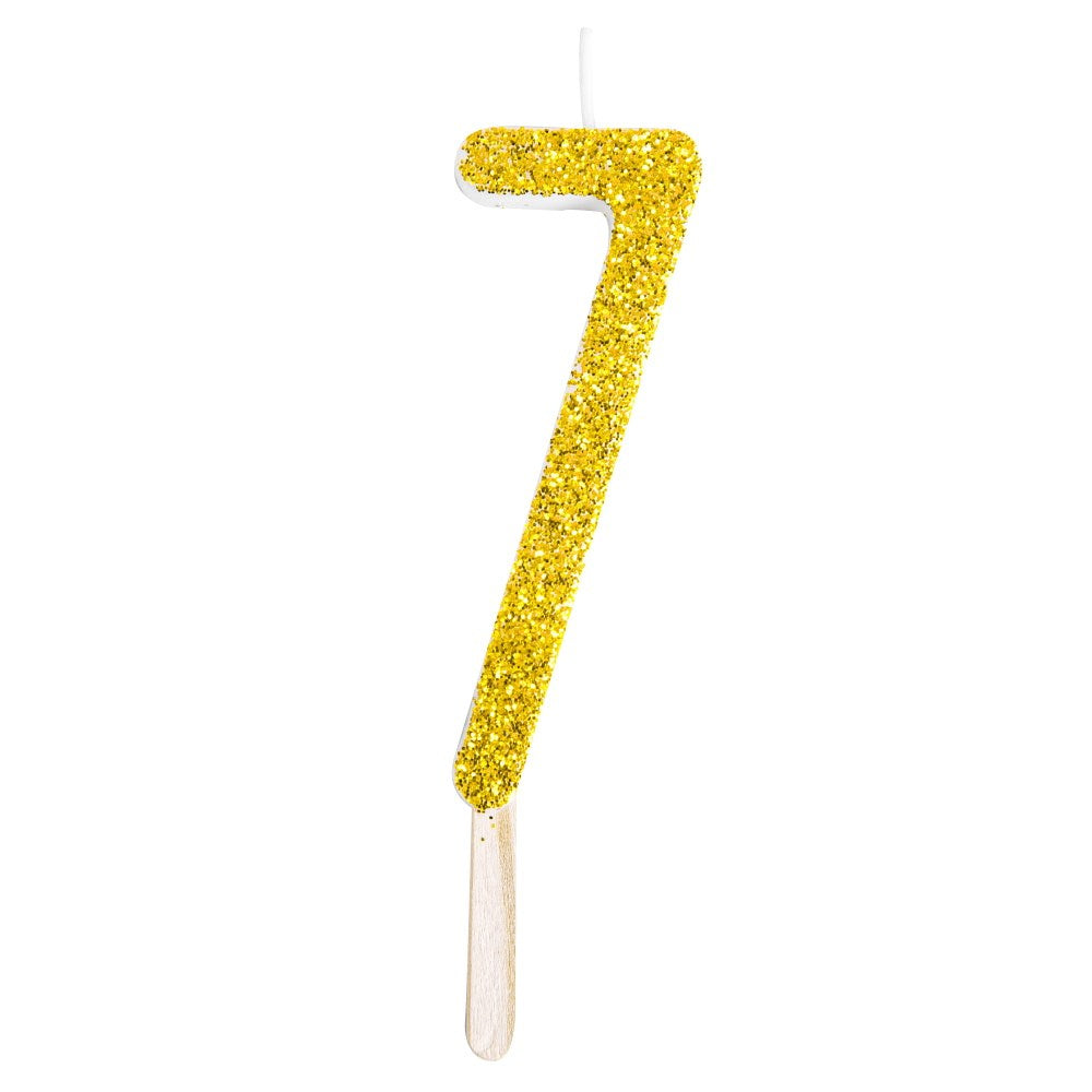 Gold glitter number candle 7 adds sparkle to cakes. Mix and match for birthdays, anniversaries, and milestone moments with a glam finish.