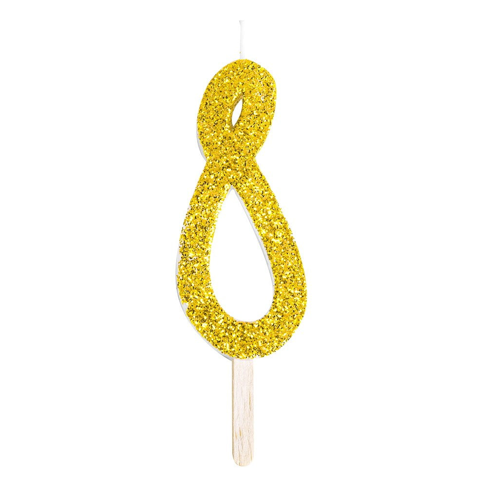 Gold glitter number candle 8 adds sparkle to cakes. Mix and match for birthdays, anniversaries, and milestone moments with a glam finish.