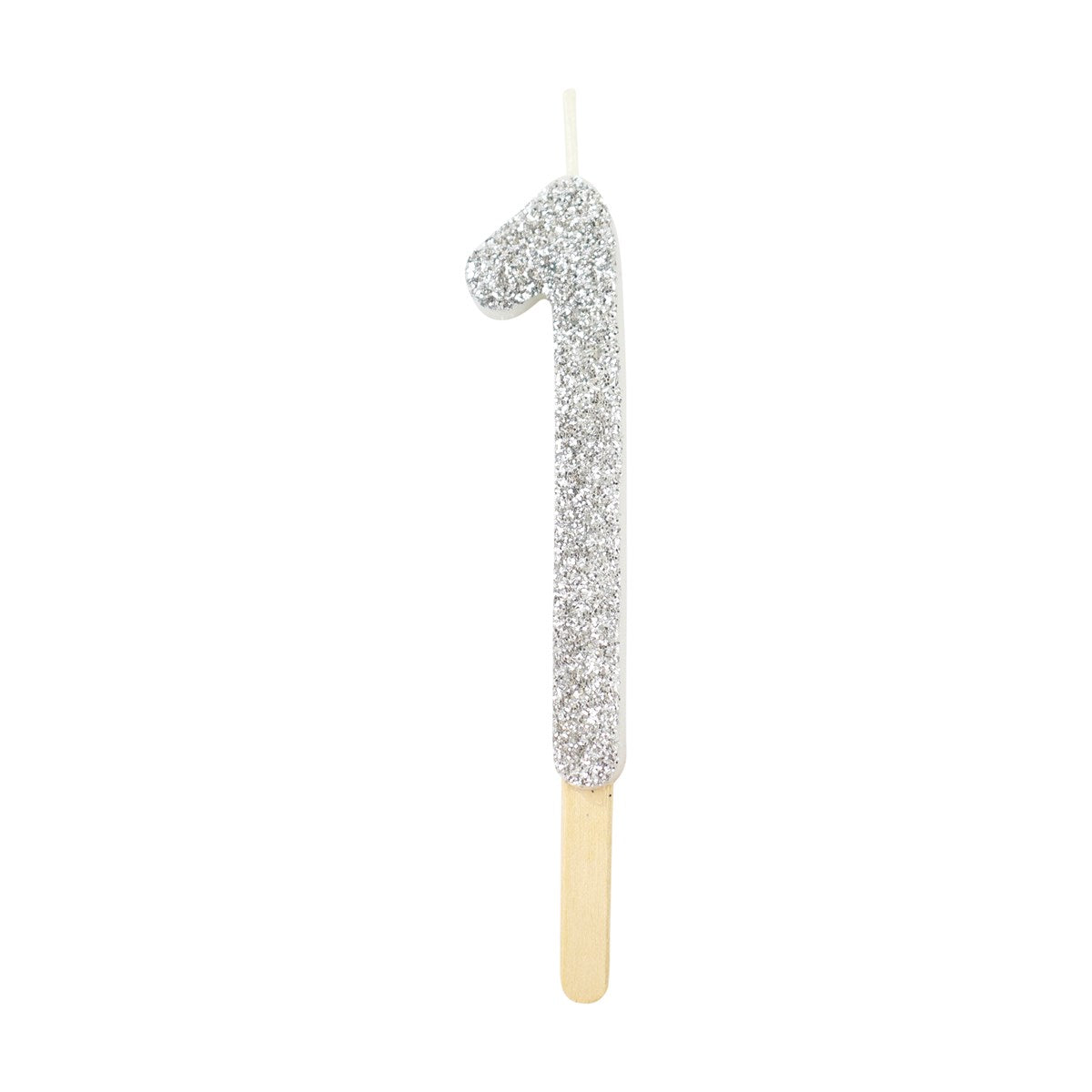 Silver glitter number 1 candle with attached pick, ideal for cakes and celebration decor.