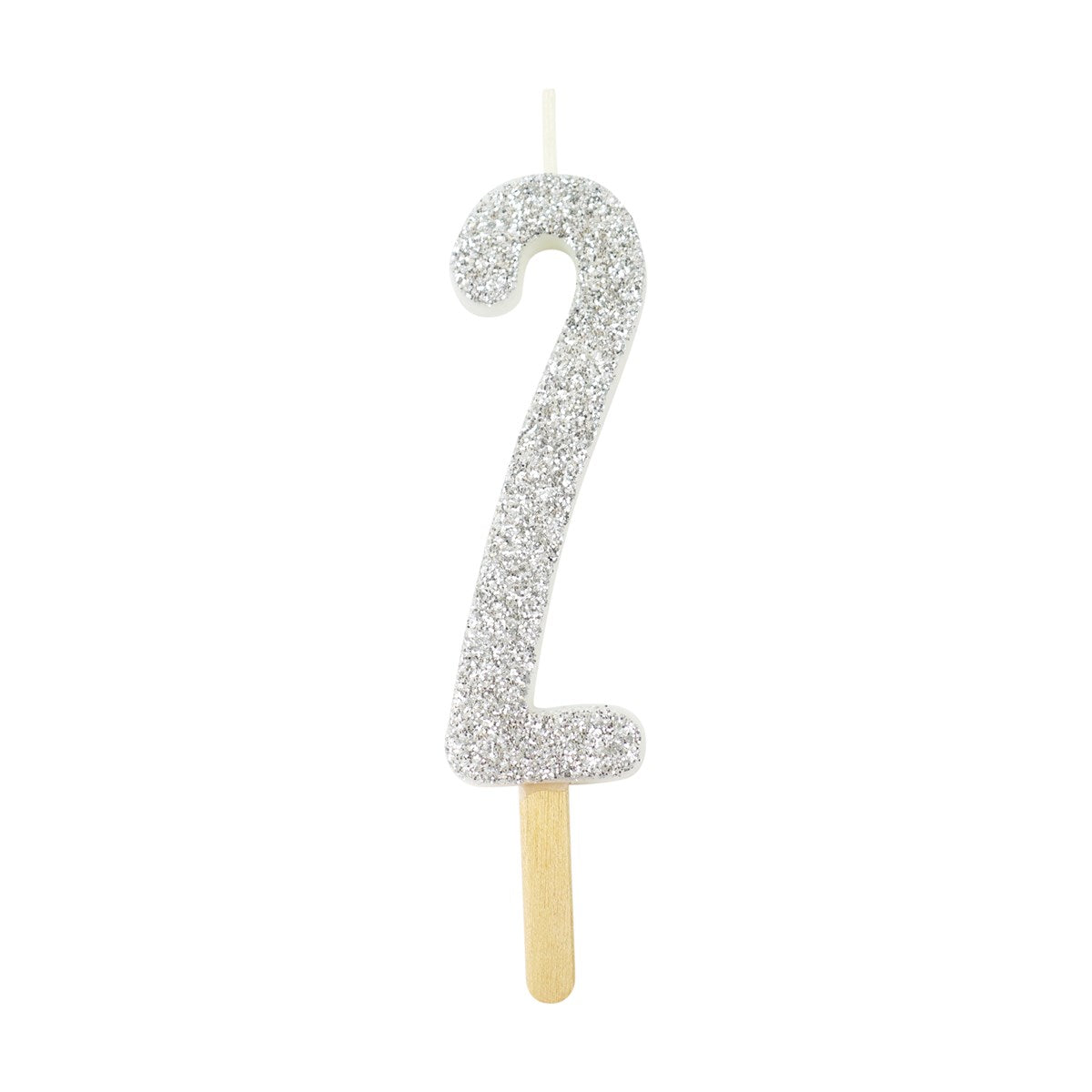 Silver glitter number 2 candle with attached pick, ideal for cakes and celebration decor.