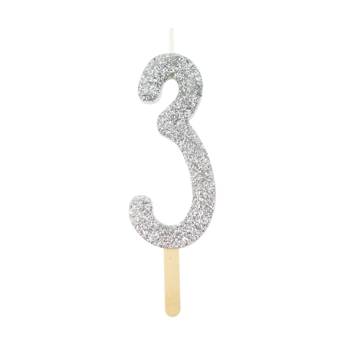 Silver glitter number 3 candle with attached pick, ideal for cakes and celebration decor.
