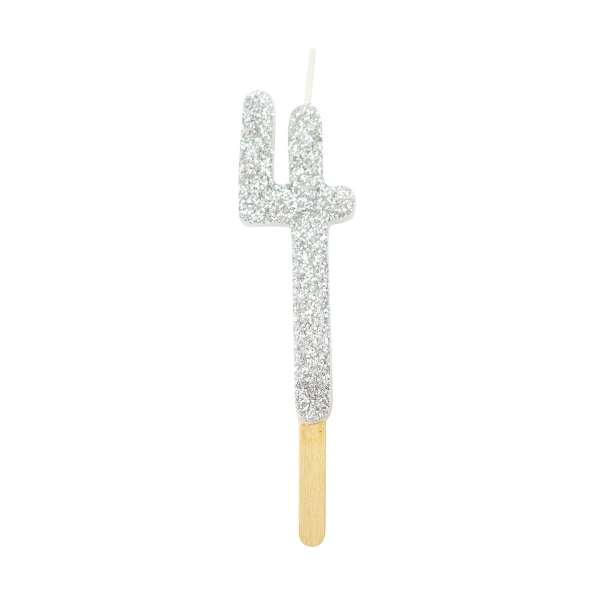 Silver glitter number 4 candle with attached pick, ideal for cakes and celebration decor.
