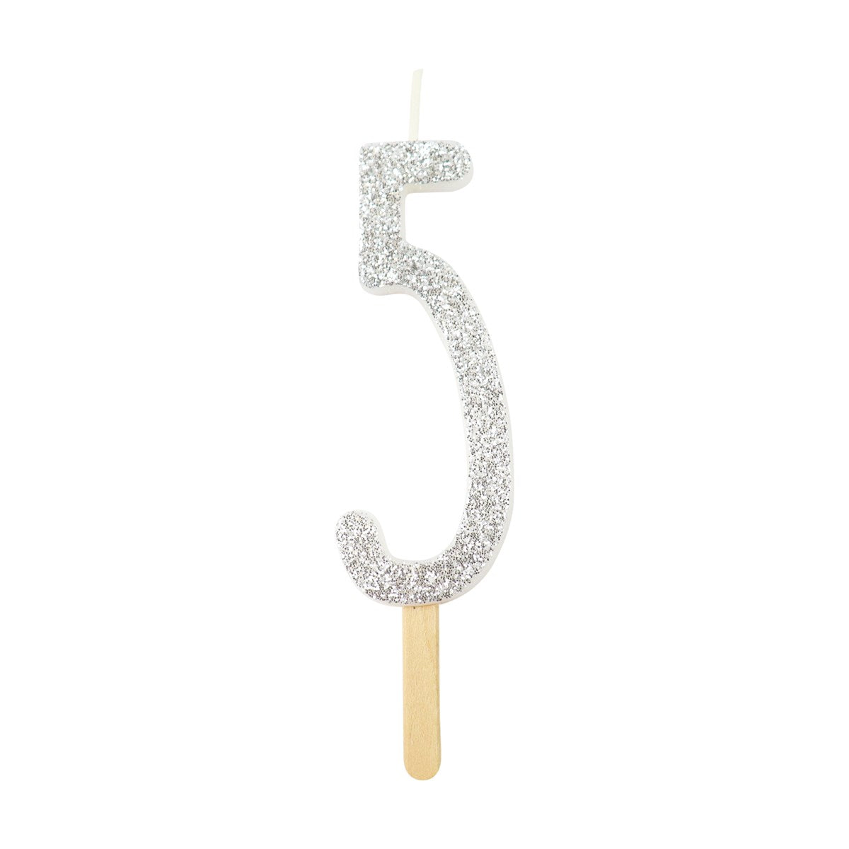 Silver glitter number 5 candle with attached pick, ideal for cakes and celebration decor.
