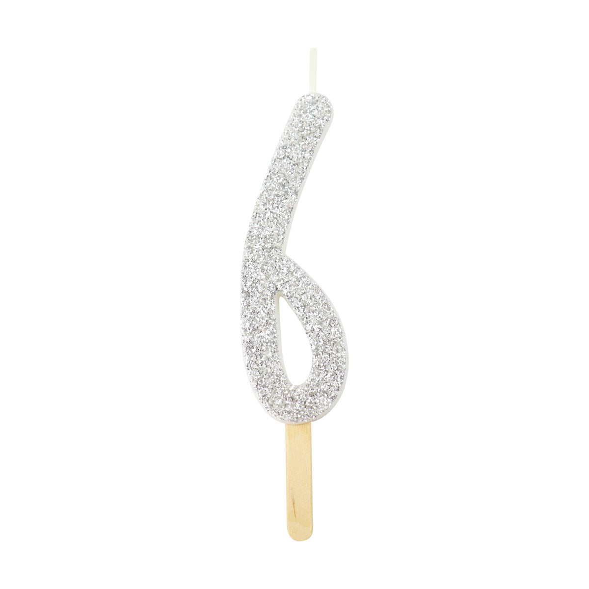 Silver glitter number 6 candle with attached pick, ideal for cakes and celebration decor.