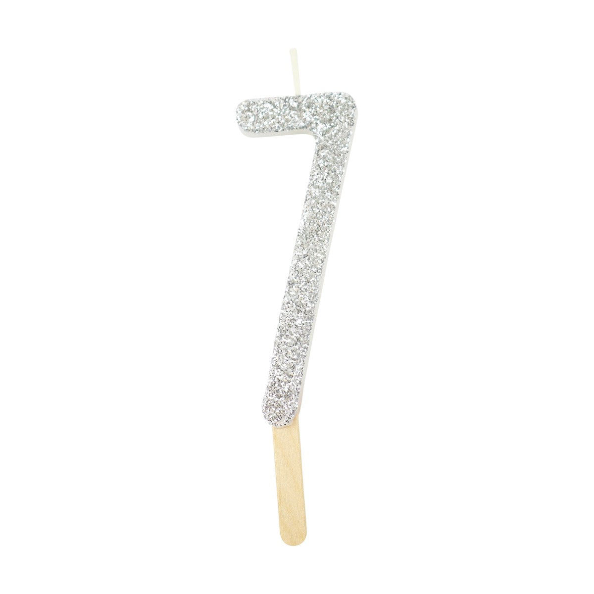 Silver glitter number 7 candle with attached pick, ideal for cakes and celebration decor.