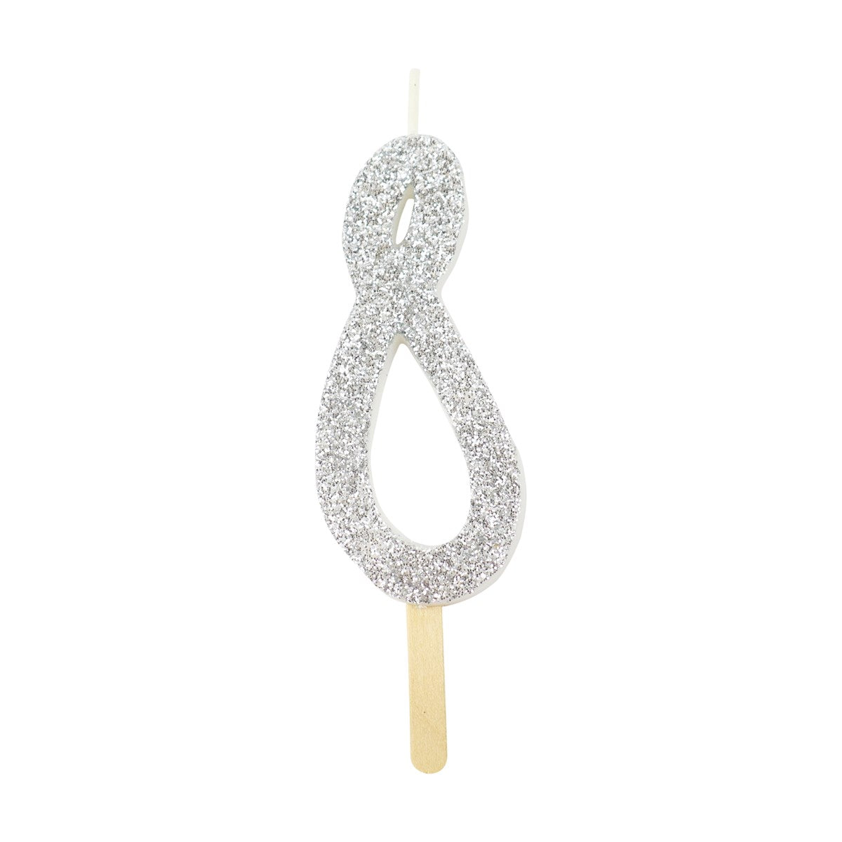Silver glitter number 8 candle with attached pick, ideal for cakes and celebration decor.