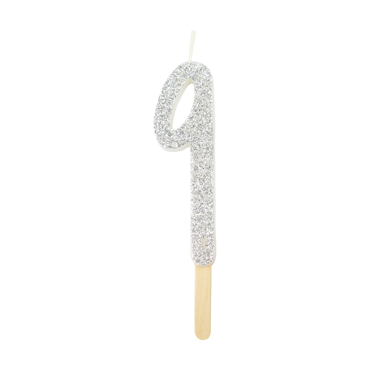 Silver glitter number 9 candle with attached pick, ideal for cakes and celebration decor.