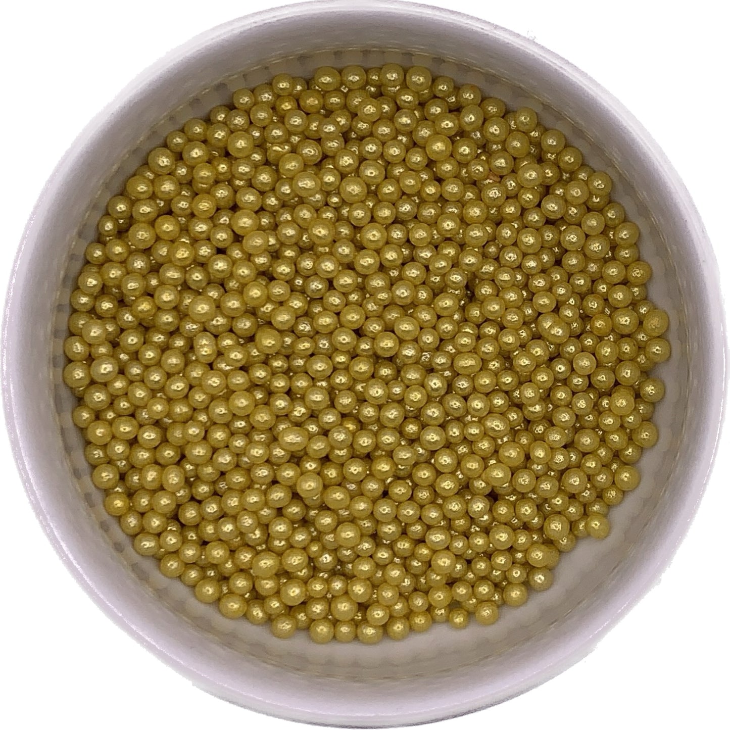 Overhead view of 4mm gold dragees in a white container, used as non-edible decorative accents for cakes and confections.