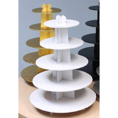 Five-tier gold cardboard cupcake stand displayed among other colored stands, ideal for showcasing baked goods at events.