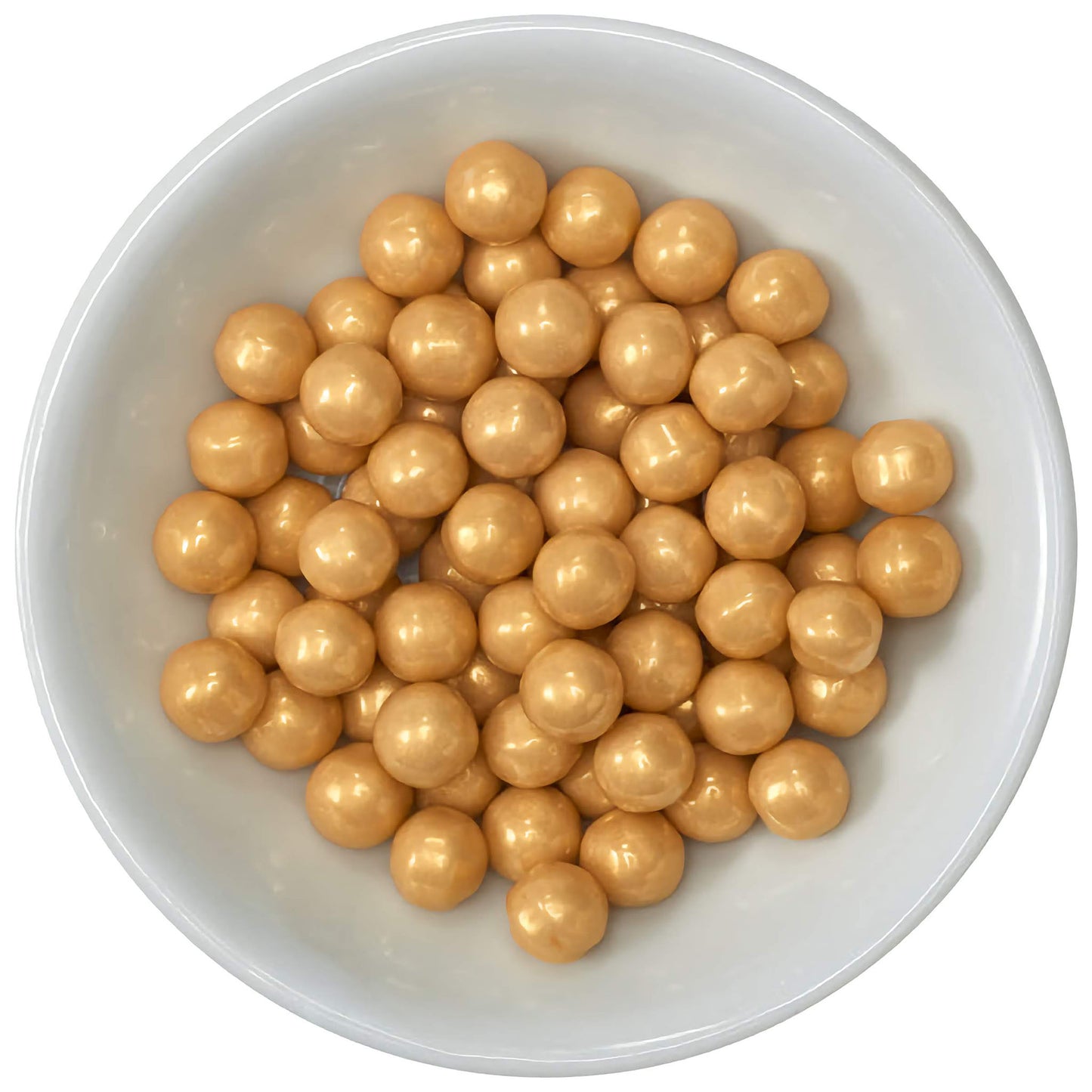 A white bowl filled with shiny gold sugar candy beads, each measuring 7mm, perfect for adding a luxurious touch to desserts and cakes.
