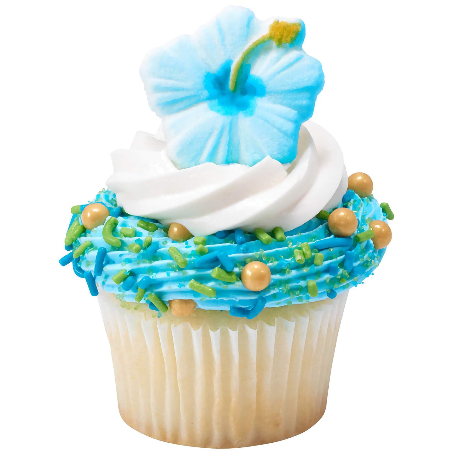 A cupcake with vibrant blue and green frosting, decorated with a large blue sugar flower and scattered with gold sugar candy beads, adding an elegant finish.