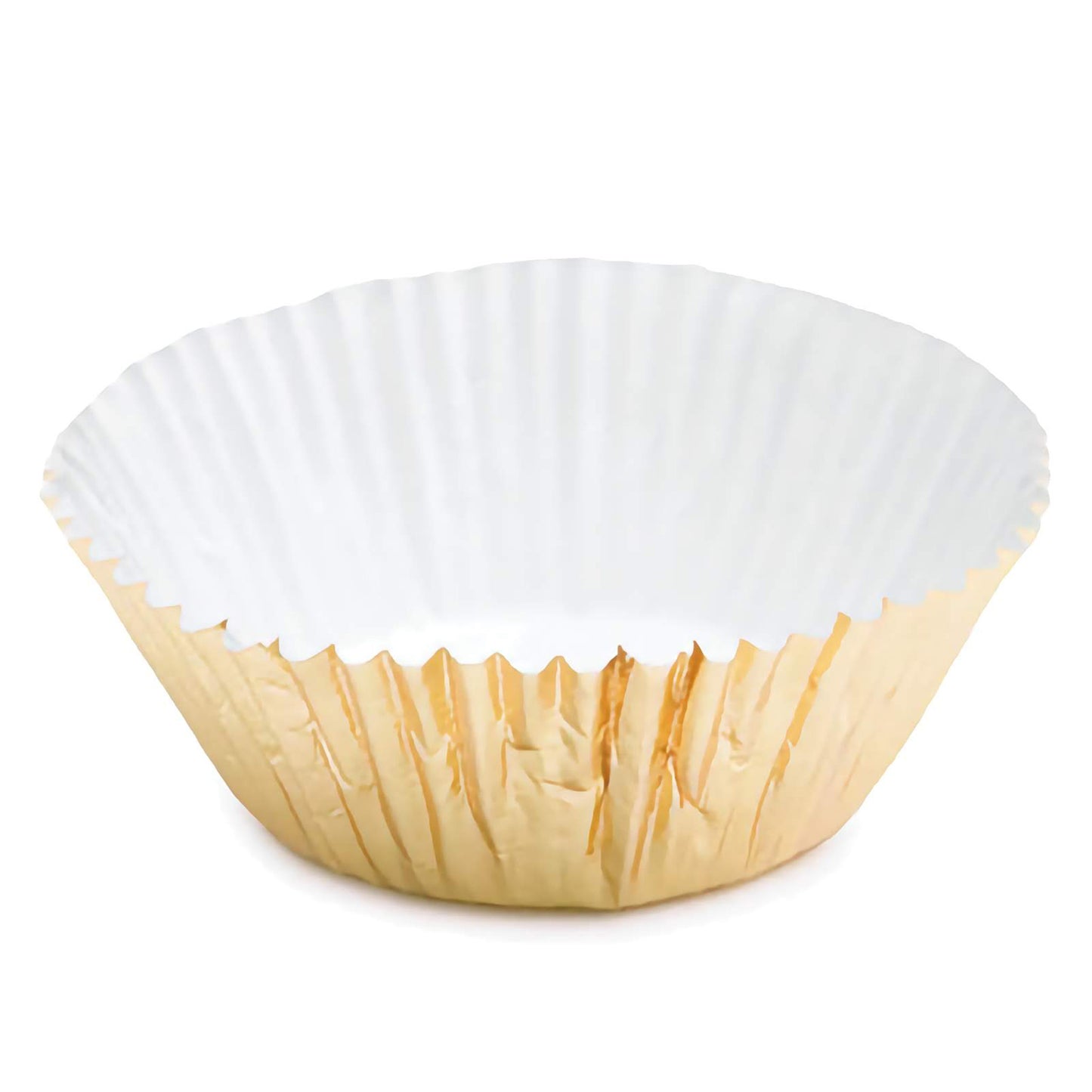 Standard-sized gold foil baking cup, shown open. The cup has a shiny, reflective gold exterior with a white interior, adding a luxurious and festive touch to any cupcake or dessert.
