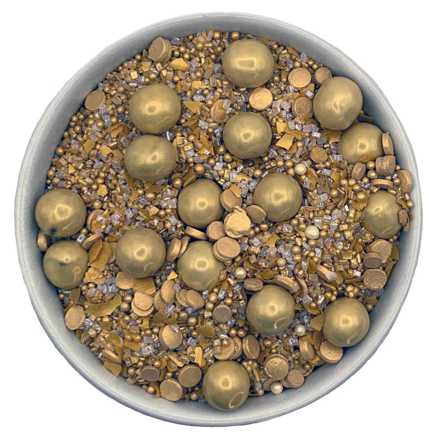 A top-down view of a bowl filled with a blend of gold sprinkles, including metallic gold spheres, sugar crystals, and golden confetti shapes.