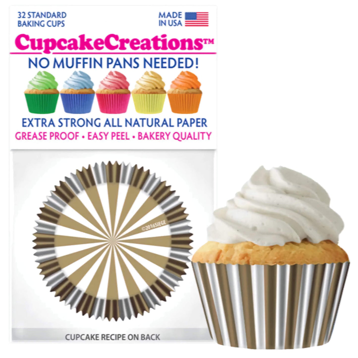 Gold and white striped cupcake liner next to a cupcake with white frosting, showcasing the 32-count package of Cupcake Creations' greaseproof, easy-peel baking cups made from eco-friendly, all-natural paper, sourced from FSC-certified forests and manufactured in the USA.