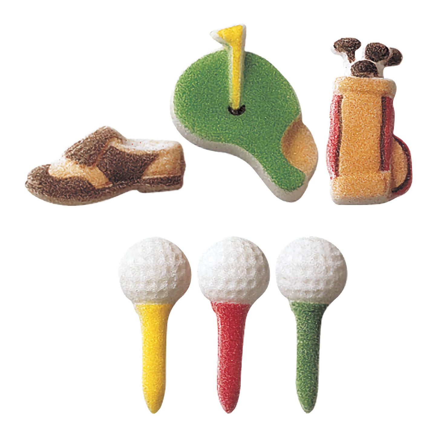 Pressed sugar decorations for golf enthusiasts, featuring detailed golf shoes, a green golf course with a hole and flag, and golf bags with clubs, alongside classic white golf balls on colorful tees.