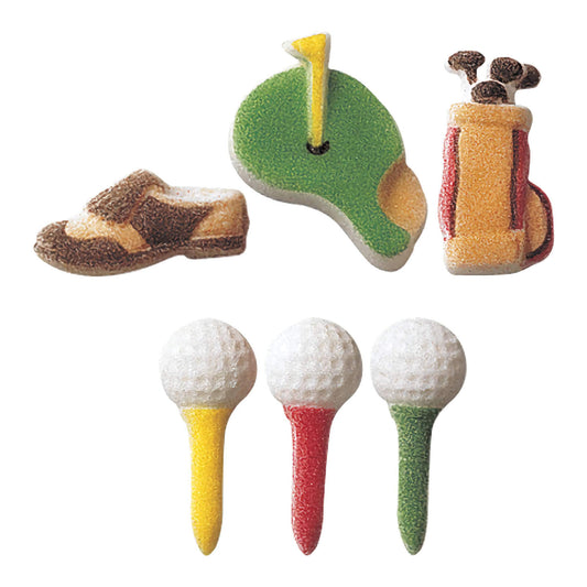 Pressed sugar decorations for golf enthusiasts, featuring detailed golf shoes, a green golf course with a hole and flag, and golf bags with clubs, alongside classic white golf balls on colorful tees.
