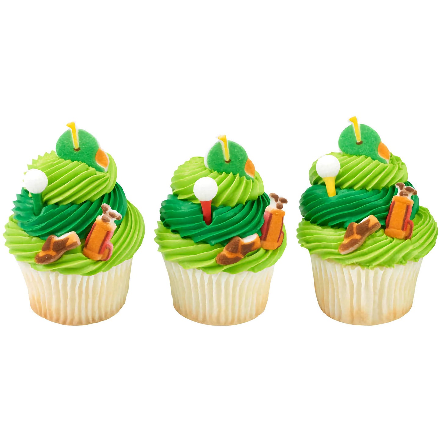 Set of three cupcakes with green frosting designed to resemble a golf course, topped with pressed sugar decorations of golf bags, shoes, and golf balls on tees.