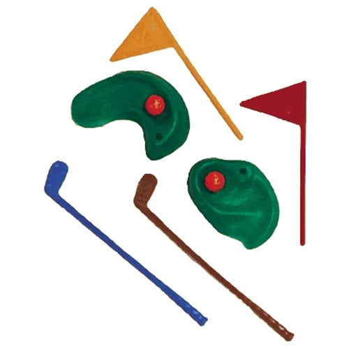 Golf-themed cake topper set with a green, two golf clubs, and a flag, capturing the essence of the golf course, suitable for golf lovers’ celebrations.