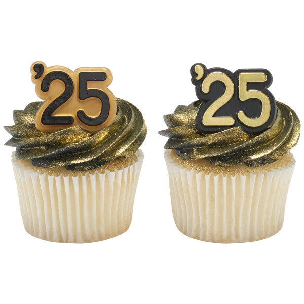 Graduation cupcakes topped with gold and black '25 rings, perfect for Class of 2025 parties, styled with black and gold swirl frosting.