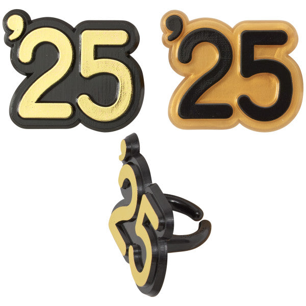 Close-up of black and gold '25 graduation cupcake rings showing front, back, and angled side views with molded ring base.
