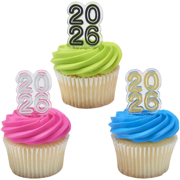 Assortment of '2026' cupcake topper picks in gold, black, and silver, perfect for celebrating the graduating class of 2025. These festive toppers add a personalized touch to cupcakes and are available at Lynn's Cake, Candy, and Chocolate Supplies.