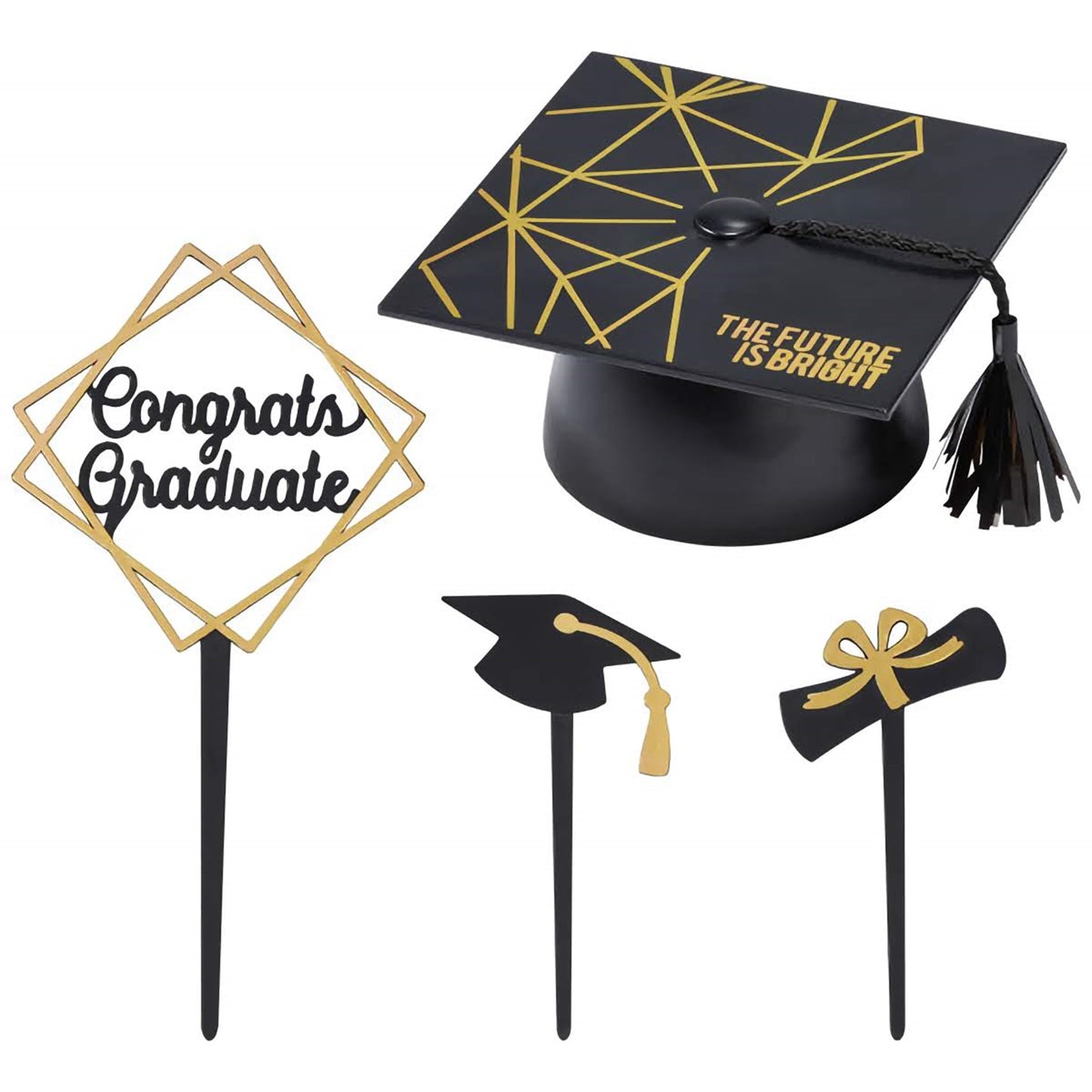 Elegant four-piece graduation cake topper set including a 'Congrats Graduate' sign, a mortarboard, a diploma, and a bow.