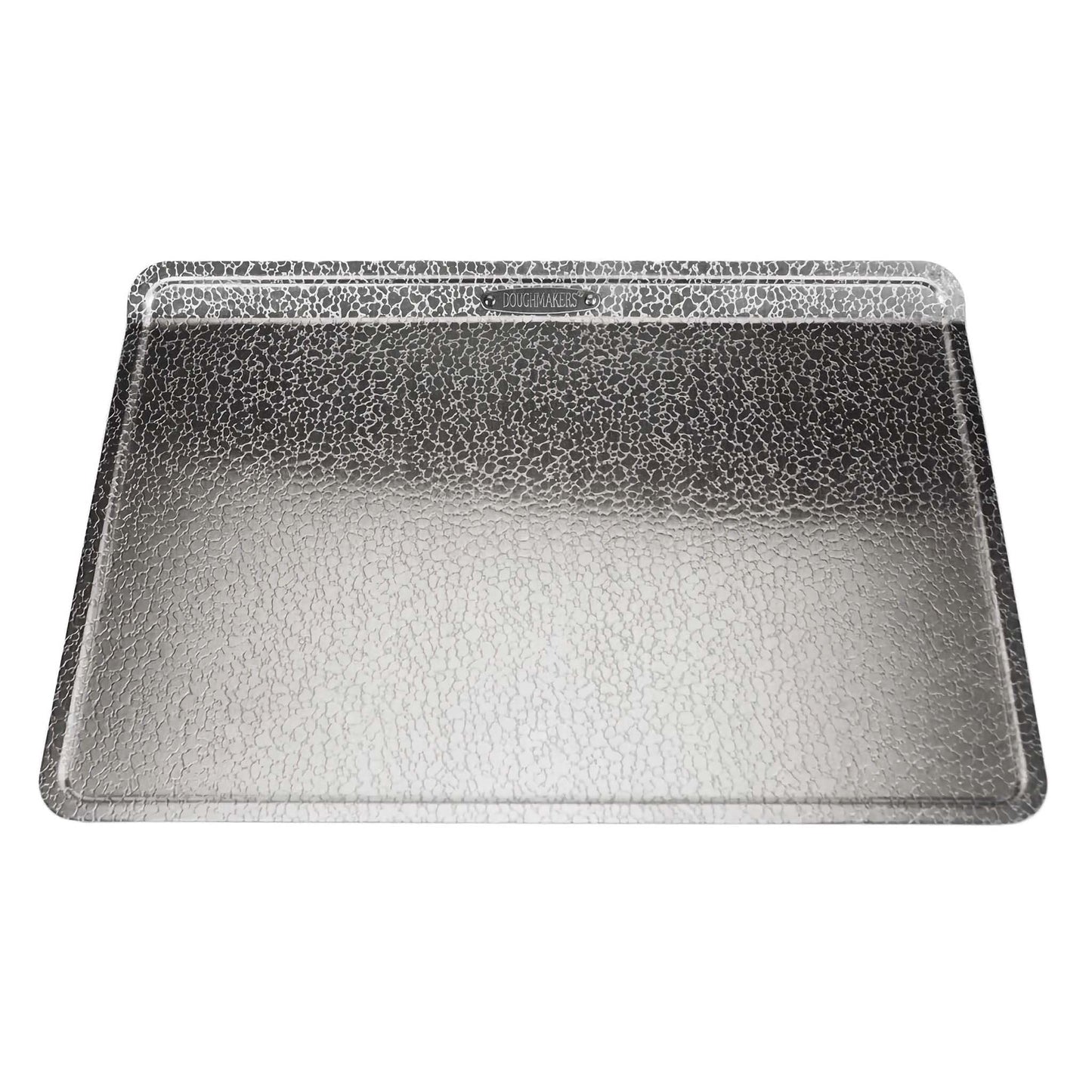 A large, durable aluminum cookie sheet with a pebble pattern surface, designed for even browning and easy release, perfect for baking big batches of cookies.