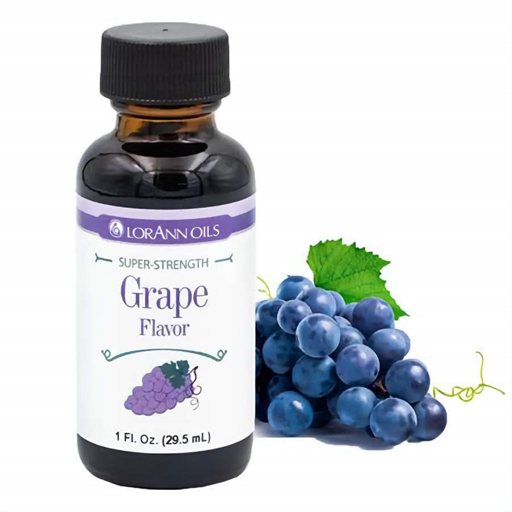 A 1 fl oz bottle of LorAnn Oils Super Strength Grape Flavor, with a bunch of juicy, purple grapes, symbolizing the sweet and bold vineyard fruit taste.