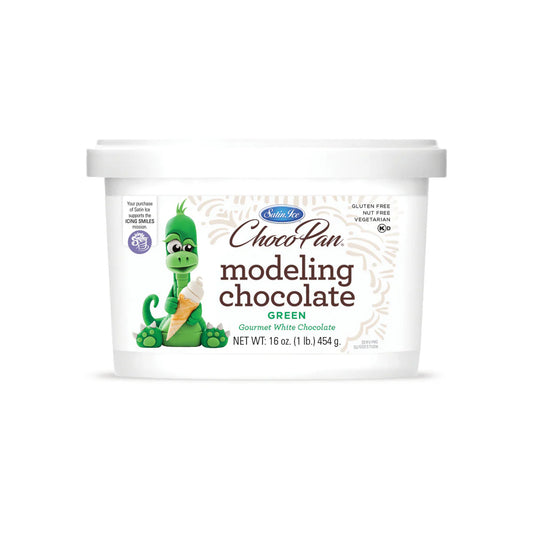 Satin Ice ChocoPan green modeling chocolate tub, 16 oz, gourmet white chocolate.