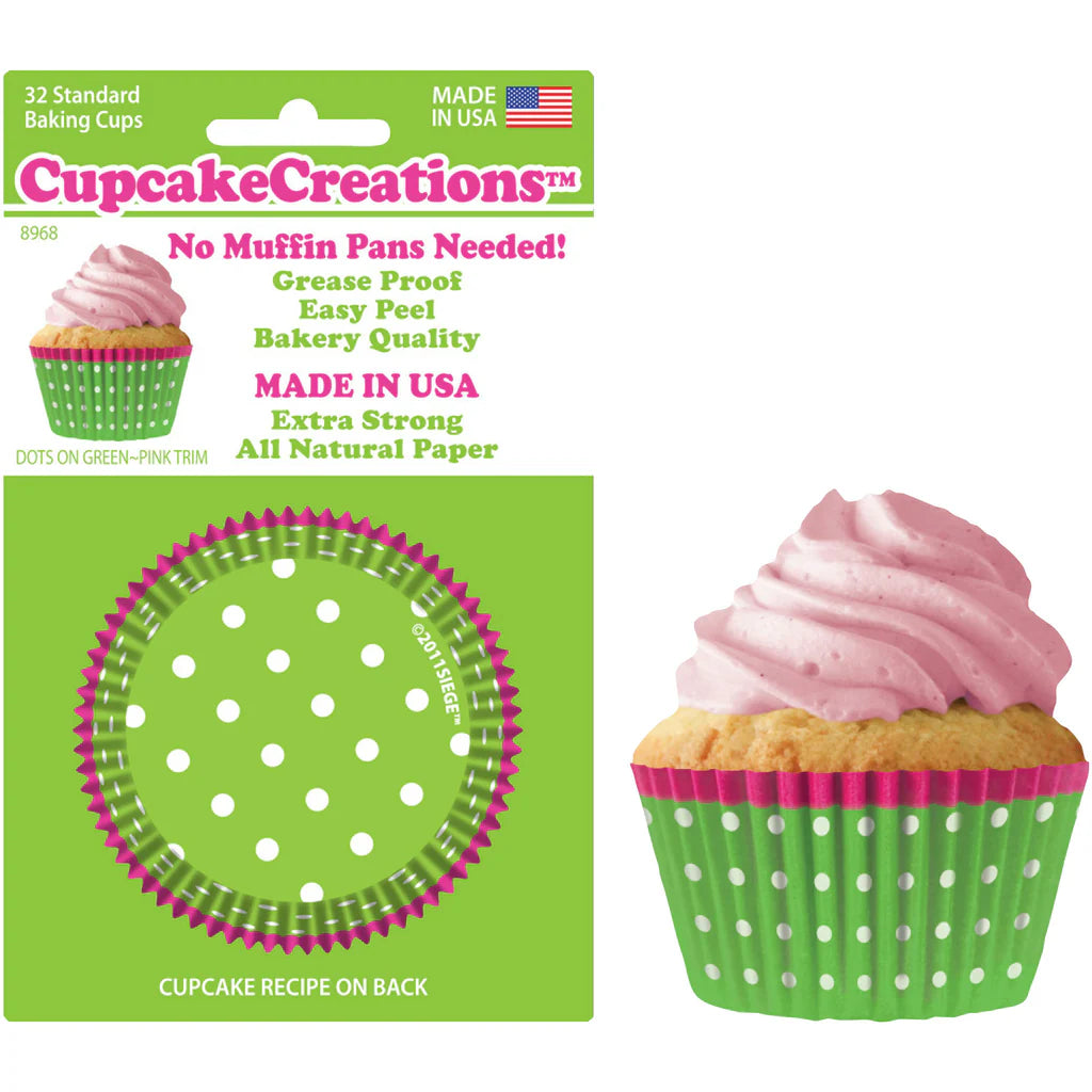Green w/Dots and Pink Border Standard No Pan Baking Cups