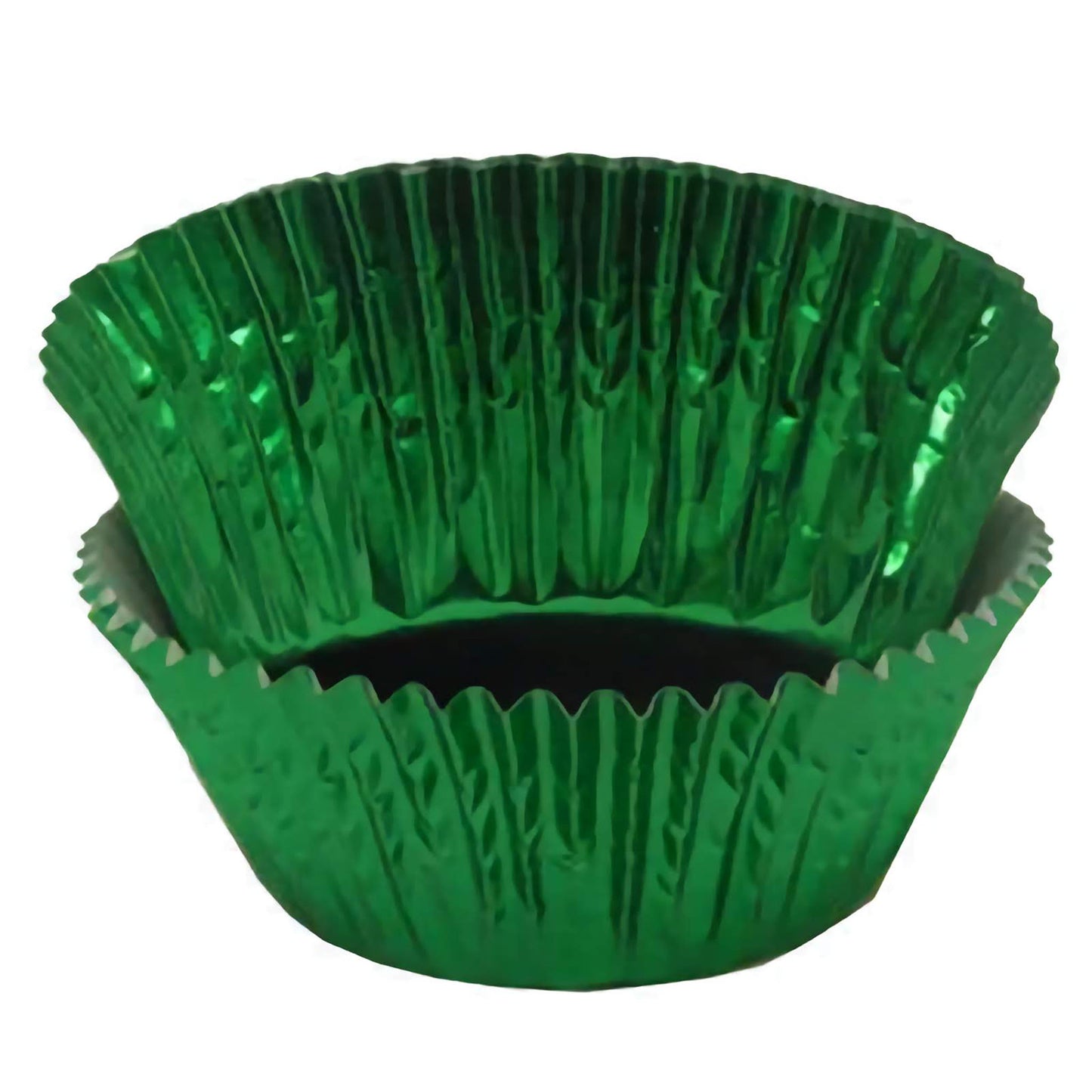 Standard-sized green foil baking cups, stacked together. The cups feature a shiny, reflective surface that gives a rich green color, suitable for holiday-themed baking and celebrations.
