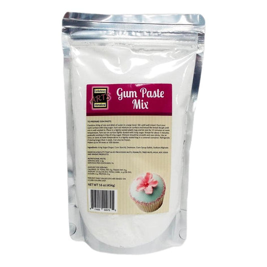 Front view of Confectionery Arts International Gum Paste Mix in a 16 oz resealable pouch, featuring product label and a decorated cupcake with a pink flower.