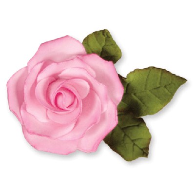 Realistic pink gum paste rose with green leaves made using JEM Easy Rose Cutters.