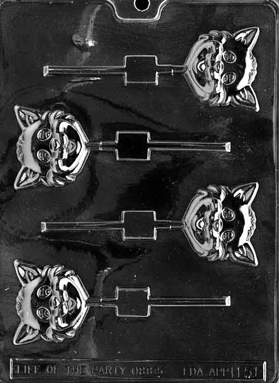 Cat Head Lollipop mold creating cat-shaped chocolate lollipops for Halloween or parties.