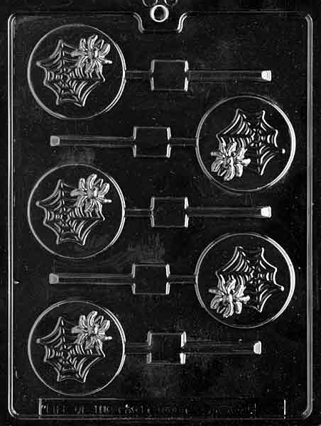 SPIDER IN WEB Lollipop mold, round webbed disc with spider for chocolate lollipops.