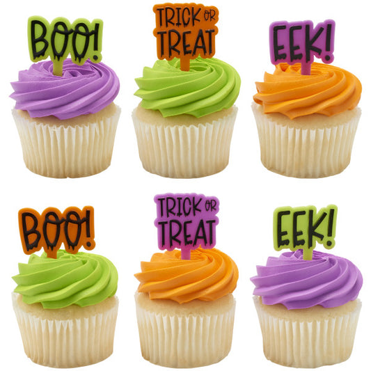 Halloween-themed cupcake picks displayed on cupcakes with colorful frosting, perfect for parties and festive treats.