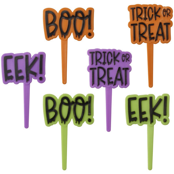 Set of 12 Halloween cupcake picks with phrases 'BOO!', 'EEK!', and 'TRICK OR TREAT' in orange, green, and purple.