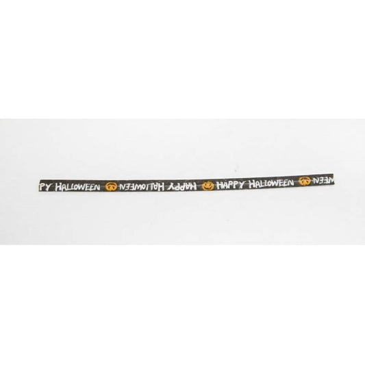 A long paper twist tie with a Halloween theme, featuring the repeated phrase 'Happy Halloween' in alternating orientation, with pumpkin emojis in between. The background is black, with the text and emojis in a contrasting orange, commonly associated with Halloween. This festive twist tie is laid out straight against a light grey background, clearly displaying the celebratory message and design.