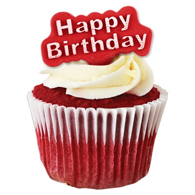 Red velvet cupcake with white frosting topped with a red fondant Happy Birthday plaque made using the PME cutter.