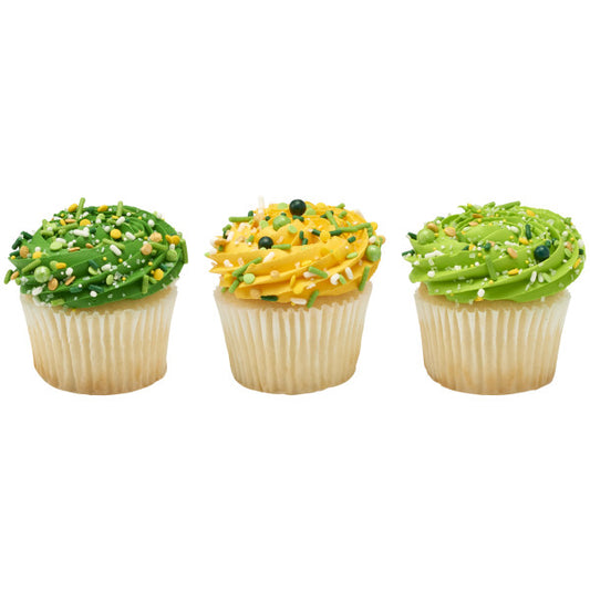 St. Patrick’s Day Sprinkle Blend featuring a festive mix of green, gold, and white sprinkles, quins, nonpareils, and pearls, on cupcakes.